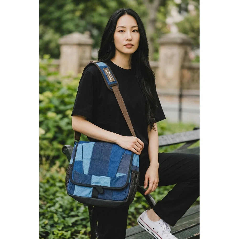 TerraCycle Denim Laptop Messenger Bag Upcycled Patchwork Blue Eco Friendly NWT